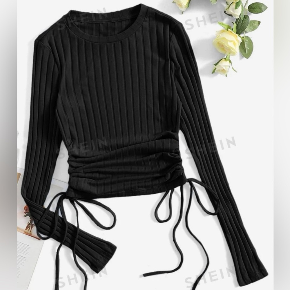 EZwear Drawstring Side Ruched Ribbed Knit Tee